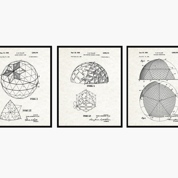 Buckminster Patent Prints Set Of 3 - Geodesic Dome Patent • Buckminster Fuller Art • Buckminster Fuller Poster • Architecture Wall Art