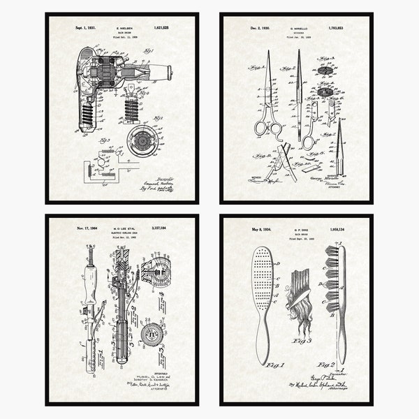 Juego de 4 impresiones de patentes de peluquero - Póster de pelo • Impresión de pelo • Herramientas de peinado • Regalo de peluquero • Decoración de peluquería •