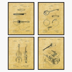 Bluegrass Patent Prints Set 4 - Music Room Decor • Violin Patent Art • Violin Decor • Musician Gift • Bluegrass Wall Art •Music Teacher Gift