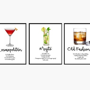 Conjunto de impresiones de cócteles de 3: impresiones de cocina, arte de pared de cócteles, decoración de bar, arte de pared de bar, recetas de cócteles, regalos de whisky, arte de pared de pub