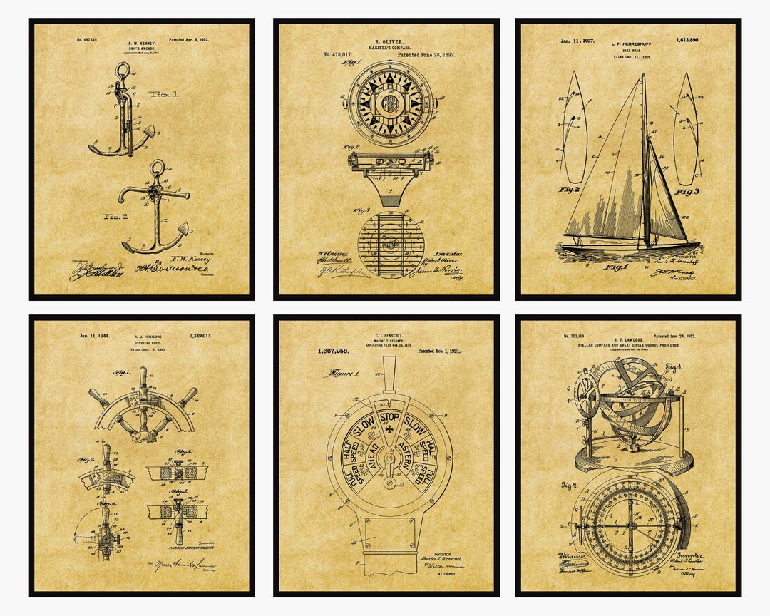 Sailing Patent Prints Set of 6 - Nautical Wall Art • Boat Decor • Beach ...