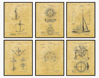Sailing Patent Prints Set Of 6 - Nautical Wall Art • Boat Decor • Beach House Decor • Sailing Wall Art • Sailing Gift • Fathers Gift