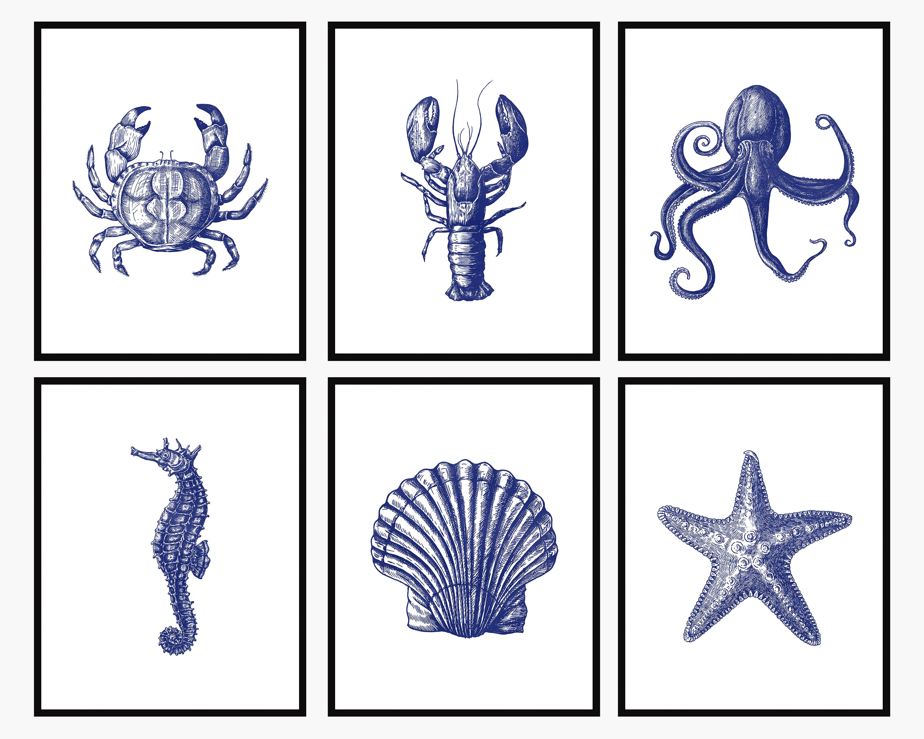 Nautical Wall Art Set of 6 Coastal Wall Art Nautical Decor Blue