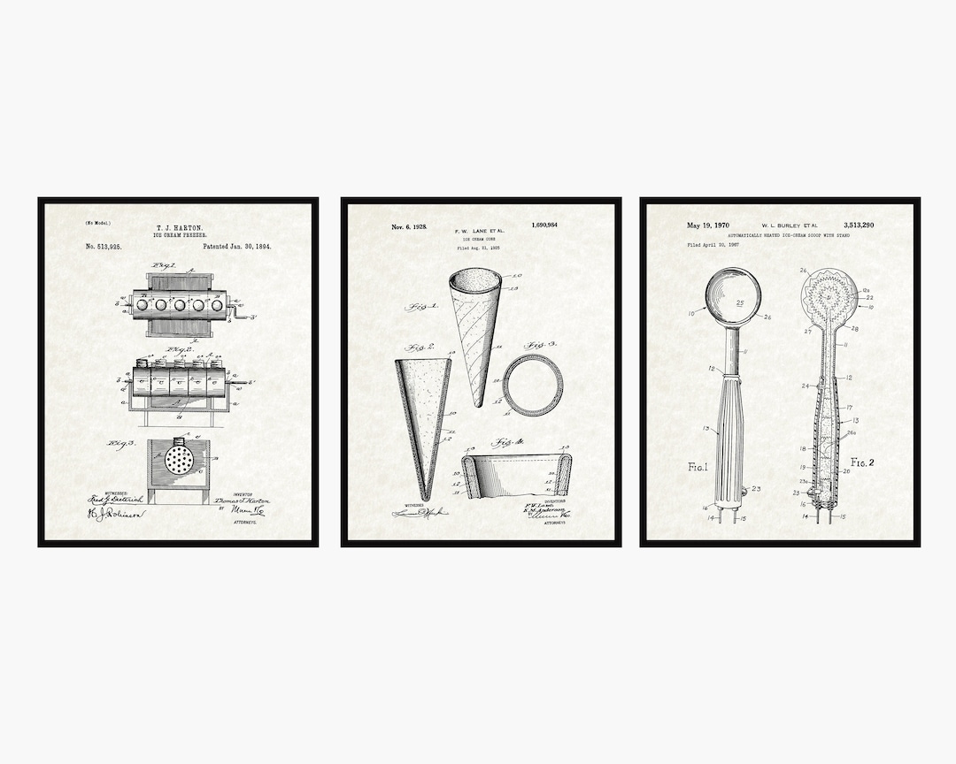 Ice Cream Patents Set of 3 Ice Cream Art Kitchen Wall Art Poster Set Kitchen Decor Cook Wall Art