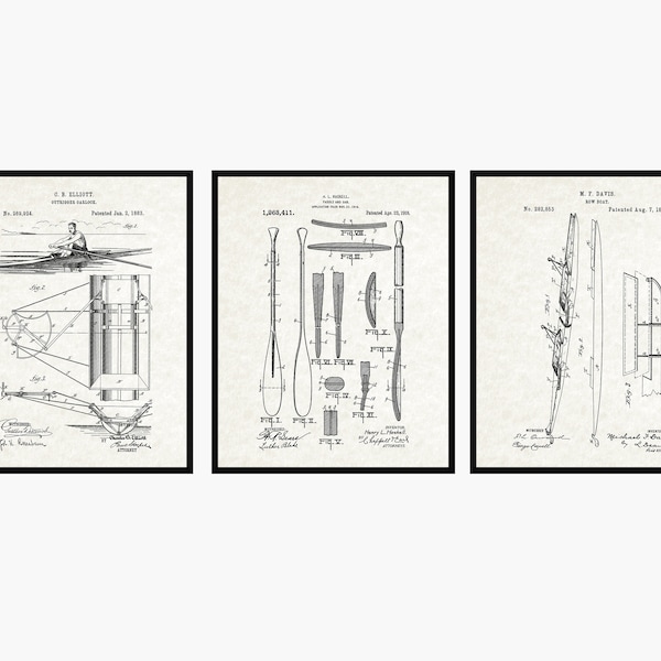 Rowing Patent Prints Set Of 3 - Rowing Wall Art • Rowing Poster • Beach House Decor • Crew Wall Art • Rowing Gift • Crew Patent Art