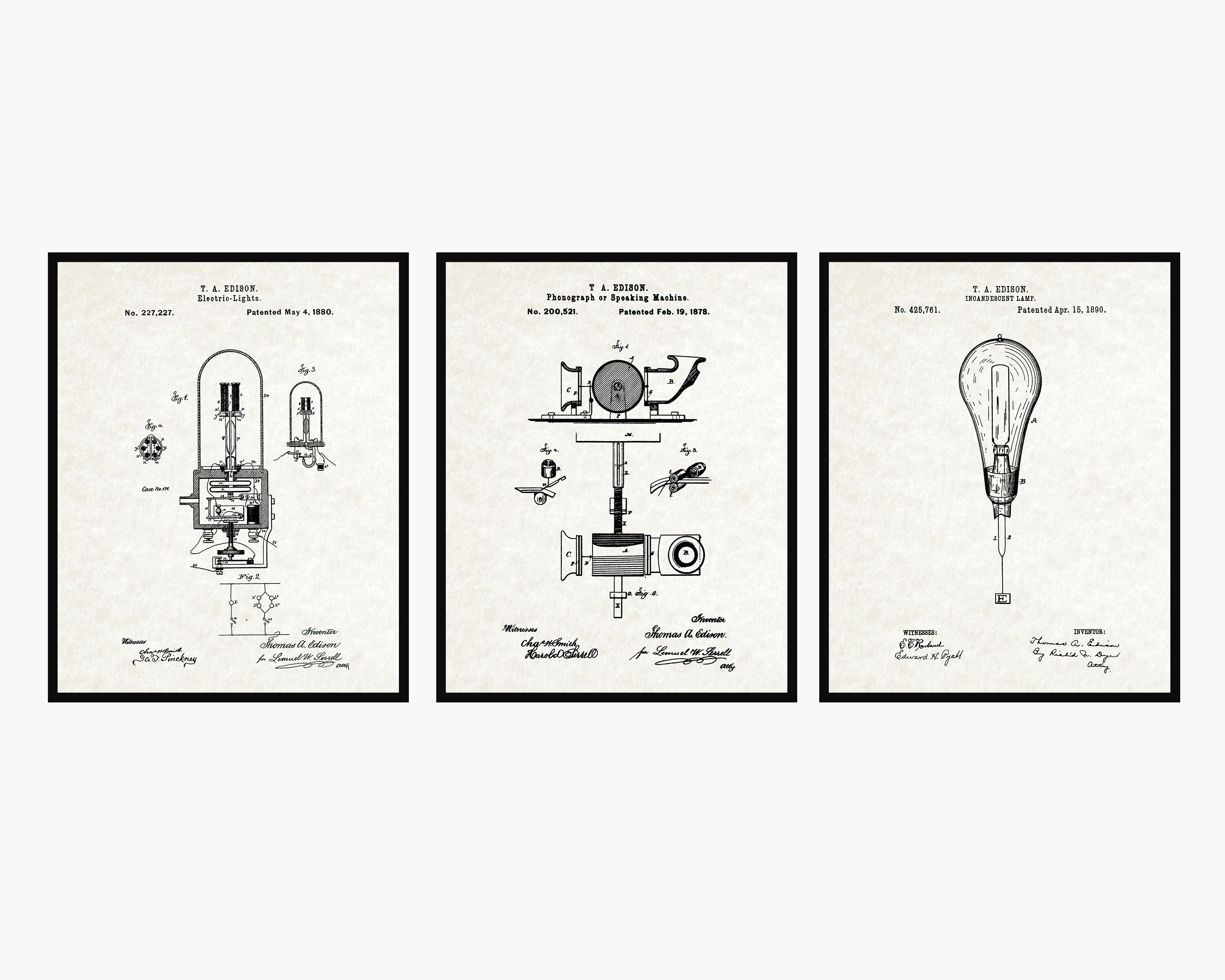 Edison Patent Prints Set of 3 Engineer Gift Light Bulb Patent Thomas