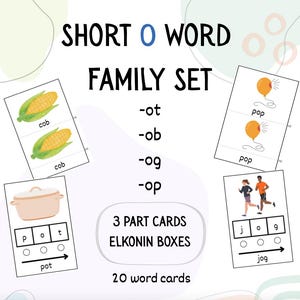Short O Word Family Set, CVC, 3-teilige Karten, Elkonin-Boxen, Phonik, Leseanfang-Set