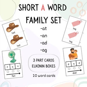 May include: Educational flashcards for learning short A words. The set includes cards with illustrations of a hat, fan, and dad, along with Elkonin boxes for phoneme segmentation. The text reads "SHORT A WORD FAMILY SET".