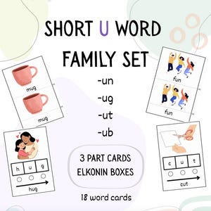 May include: Educational flashcards with the text "SHORT U WORD FAMILY SET" and illustrations for learning. Includes cards for "mug", "fun", "hug", and "cut", with Elkonin boxes and 18 word cards.