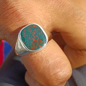 Handmade Cushion Bloodstone Ring: 925 Sterling Silver Signet