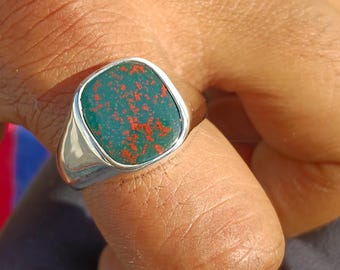 Anillo de piedra de sangre con forma de cojín hecho a mano: sello de plata de ley 925