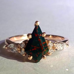 Bloodstone Sterling Silver Ring – Natural Gemstone Kite Cut Ring Art Deco Jewelry