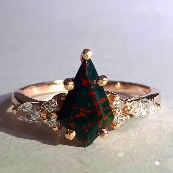 Bloodstone Sterling Silver Ring – Natural Gemstone Kite Cut Ring Art Deco Jewelry