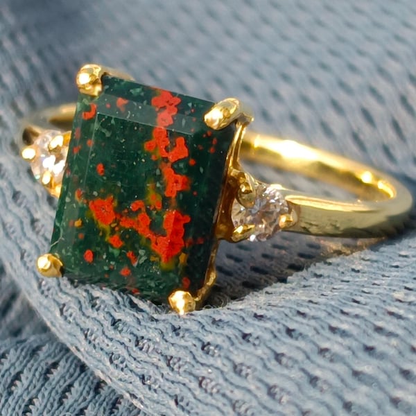 Natural Bloodstone Emerald Cut Ring, 925 Sterling Silver Gold Plated, March Birthstone Jewelry