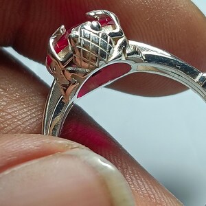 May include: A silver ring with a red gemstone set in a detailed design. The ring is worn on a finger.