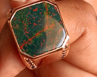 KAMBO Star Of David Ring For Men - 925 Sterling Silver With Natural Green Bloodstone