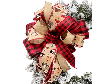 Christmas Dogs Red Buffalo Plaid Bow, Whimsical Dog Buffalo Check Holiday Lantern Bow, Dogs Wearing Santa Hats Scarves Antlers Winter Bow
