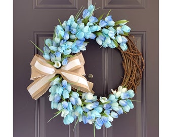 Blue Tulip Wreath for Front Door, Tulip Vine Wreath for Balcony Mantel Wedding, Everyday Blue Tulip Door Decoration