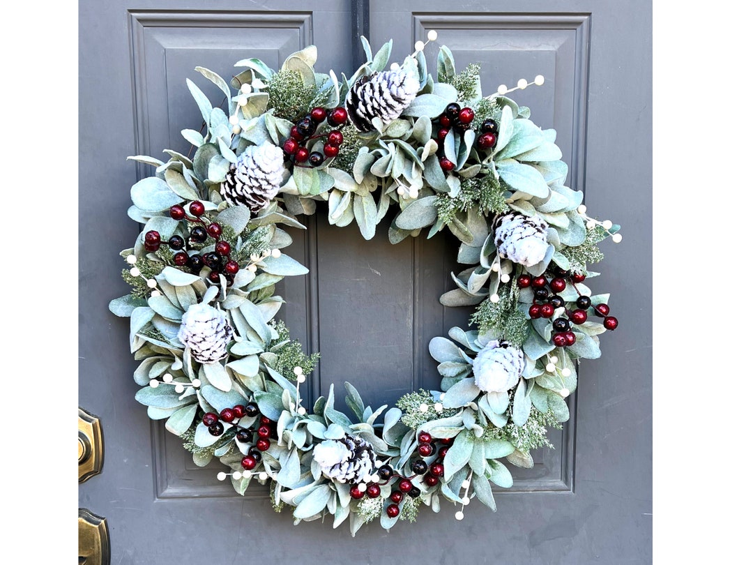 Farmhouse Lambs Ear Winter Wreath With Berries and Pinecones for Front ...