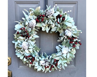 Farmhouse Lambs Ear Winter Wreath with Berries and Pinecones for Front Door, Lamb's Ear Christmas Wreath