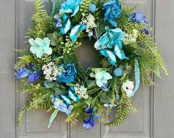 Butterfly Floral Wreath for Front Door, Summer and Spring Everyday Blue Butterfly Wreath