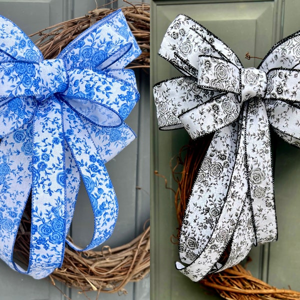 Floral Wreath Bow, Blue Rose Pattern Lantern Basket Mailbox Staircase Bow, Ombre Farmhouse Country Cottage Door Hanger Bow, Parisian Decor