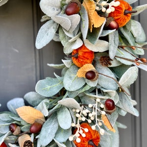 Fall Farmhouse Lambs Ear Pumpkin and Acorn Wreath for Front Door ...