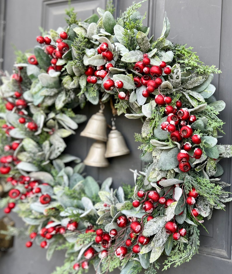 Holiday Lambs Ear Wreath With Bells Red Berries and Cedar Etsy