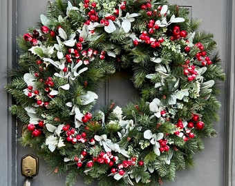 Farmhouse Berries Pine Lamb's Ear and Eucalyptus Front Door Holiday Wreath, Large Christmas Wreath for Outdoors or Mantel