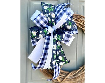 Daisy Wreath Bow,  Navy Blue Floral Decorative Bow with High Quality Faux Burlap Wired Ribbon for Mailbox Basket Lantern or Gift