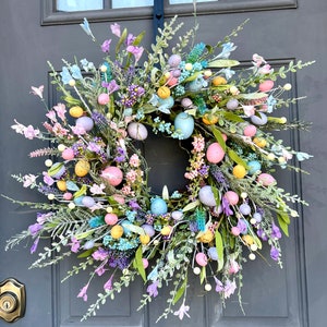 Easter Egg Wreath with Wildflowers for Front Door, Modern Country Farmhouse Spring Wreath for Mantel