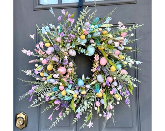 Easter Egg Wreath with Wildflowers for Front Door, Modern Country Farmhouse Spring Wreath for Mantel