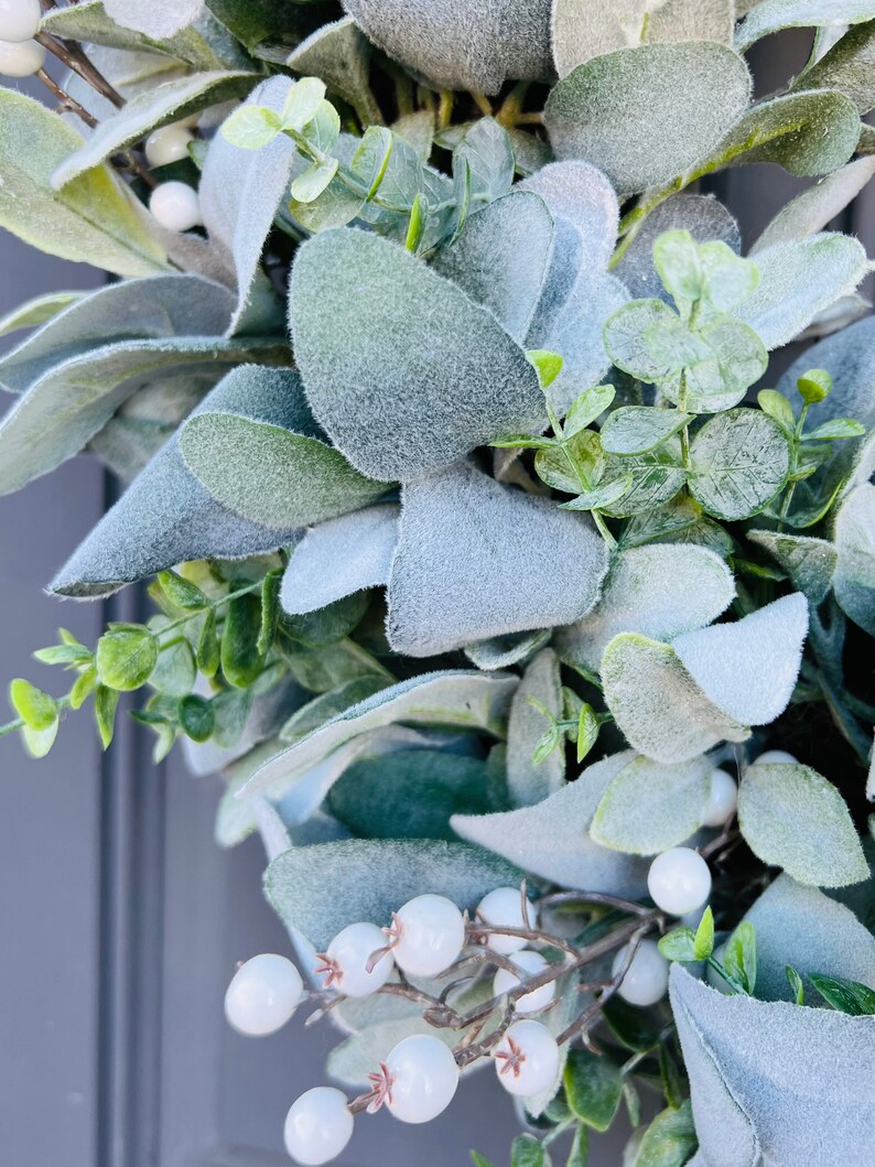 Winter Everyday Farmhouse Lamb's Ear and Eucalyptus Wreath With White ...