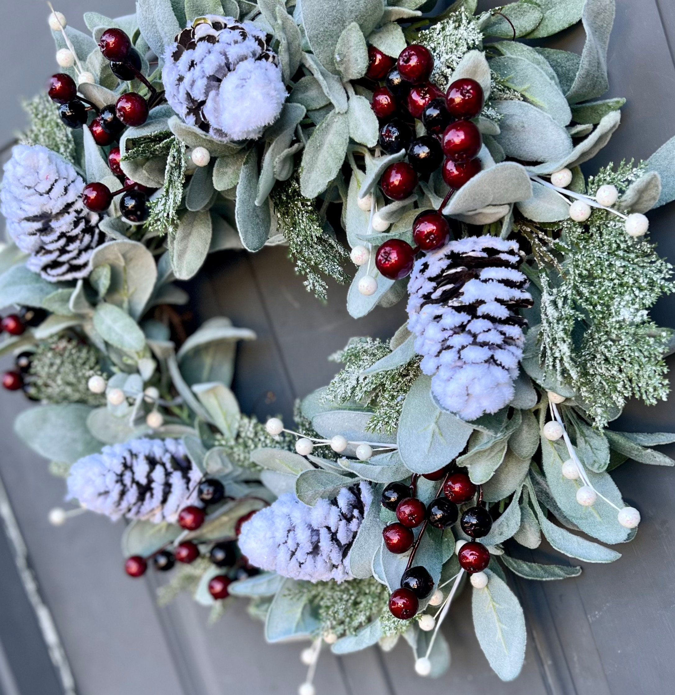 Farmhouse Lambs Ear Winter Wreath With Berries and Pinecones for Front ...