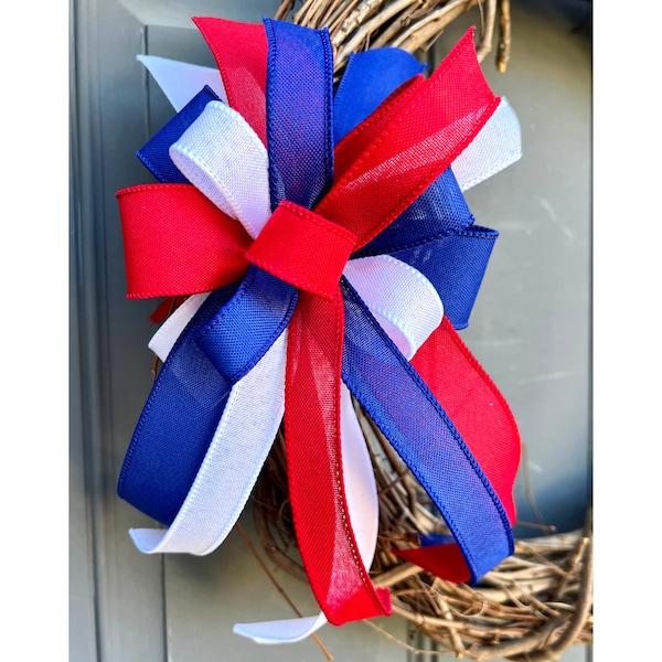 Patriotic Red White and Blue Mini Bow for Wreath Tree-top Mailbox Basket Lantern or Gift from Faux Burlap Wired Ribbon