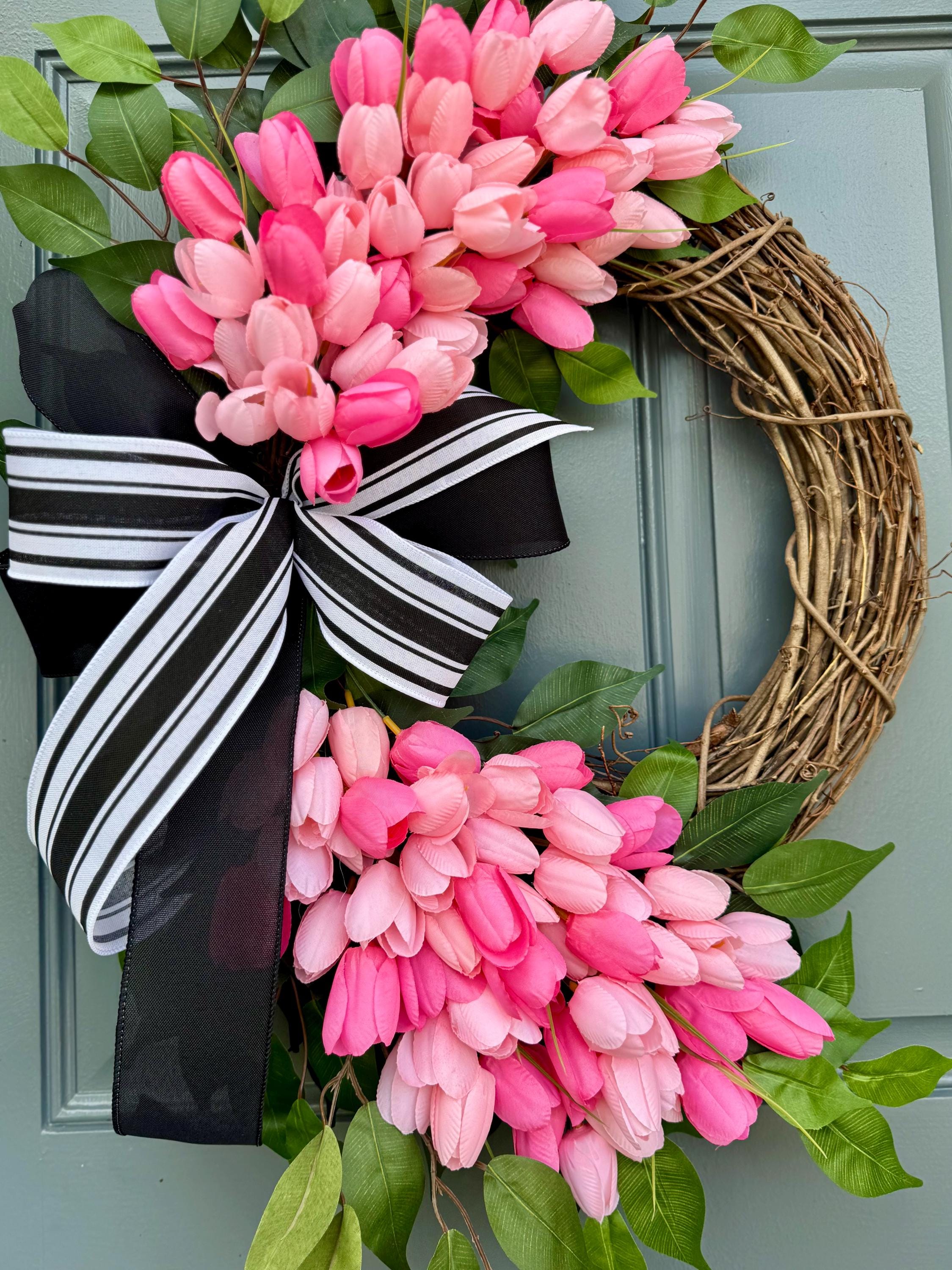 Pink Tulip Wreath: Spring Easter Door Decor With Farmhouse Bow - Etsy