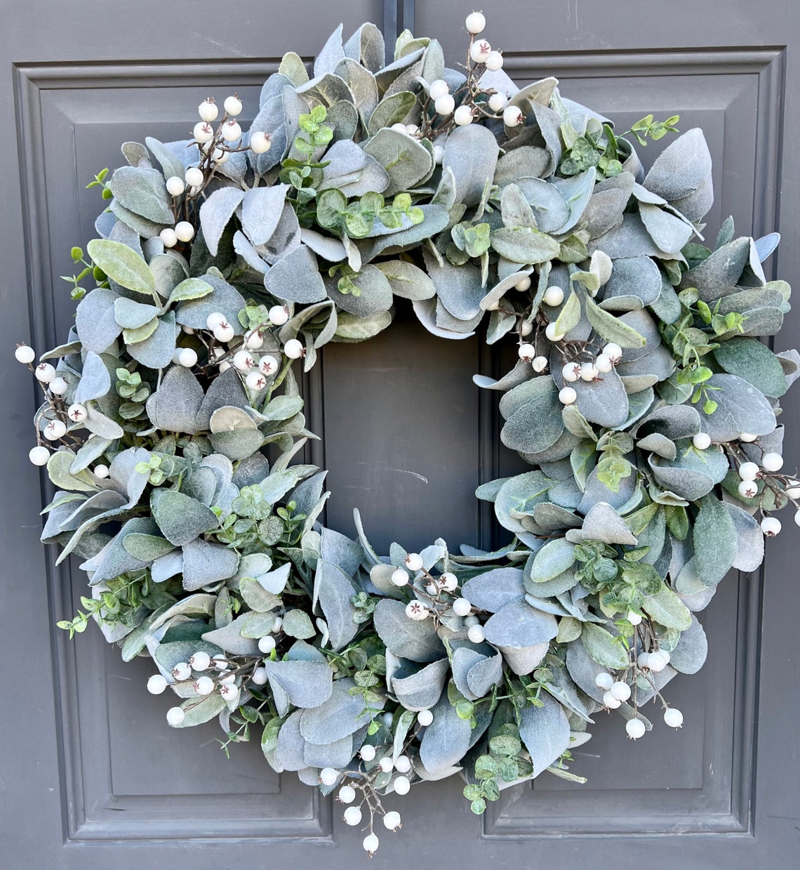 Winter Everyday Farmhouse Lamb's Ear and Eucalyptus Wreath With White ...