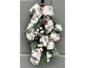 Farmhouse Pine Winter Swag for Front Door, Glittered Birch Holiday Greenery Fir, Pinecone, Eucalyptus and Berry Wreath