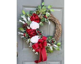 Christmas Peony Wreath for Front Door, Holiday Floral Wreath with Red and White Peony