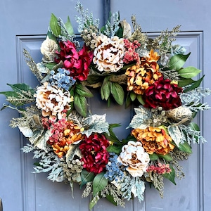 Fall Rust and Orange Peony Wreath for Front Door, Autumn Full Floral Wreath with Rust and Burgundy Peony