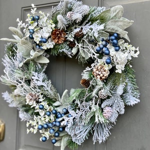 Farmhouse Winter Blue Berries Pine Eucalyptus and Lamb's Ear Front Door Wreath, Blue Berry Winter Outdoor Wreath image 3