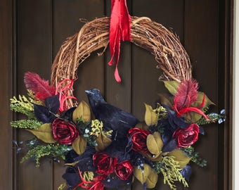 Gothic Crow Wreath: Gothmas Dark Red Roses & Feathers, Spooky Decor