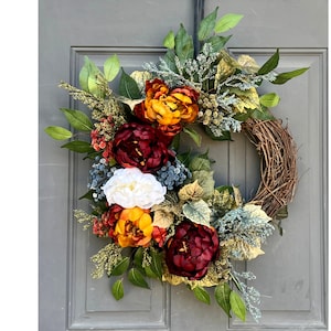 Fall Peony Wreath for Front Door, Autumn Floral Wreath with Rust and Burgundy Peony