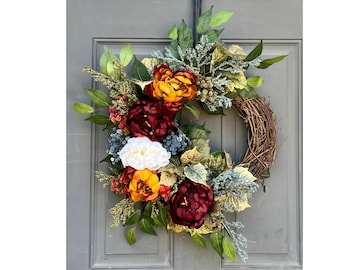 Fall Peony Wreath for Front Door, Autumn Floral Wreath with Rust and Burgundy Peony