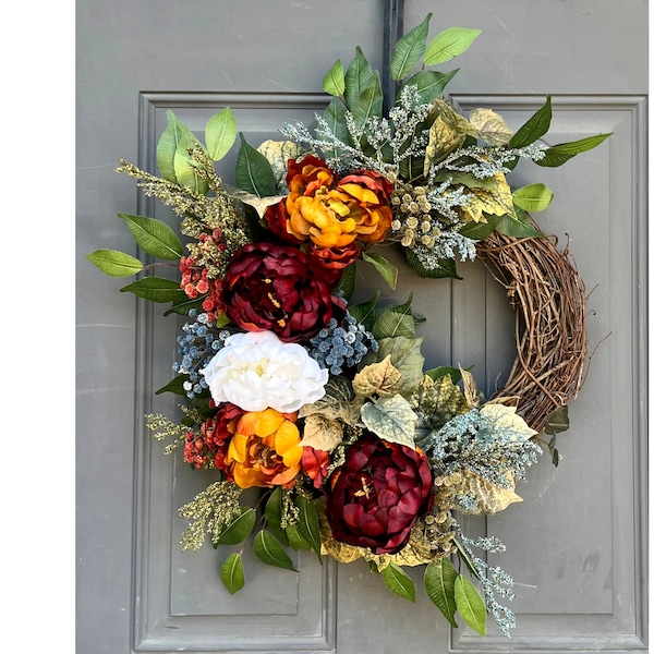 Fall Peony Wreath for Front Door, Autumn Floral Wreath with Rust and Burgundy Peony