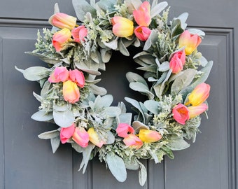 Farmhouse Lambs Ear Tulip Everyday Wreath for Front Door, Spring Floral Greenery Decor for Porch Balcony Kitchen Mantel, Mother's Day Gift