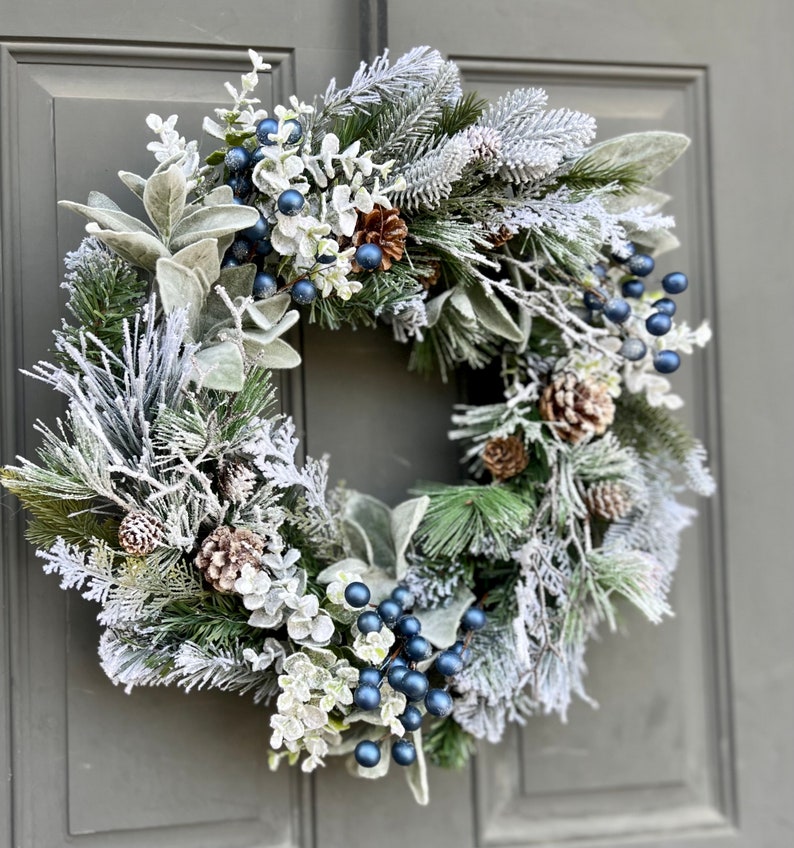 Farmhouse Winter Blue Berries Pine Eucalyptus and Lamb's Ear Front Door Wreath, Blue Berry Winter Outdoor Wreath image 4