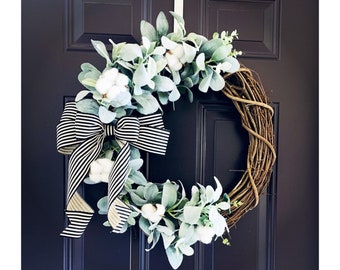 Farmhouse Lamb's Ear Cotton Wreath Everyday Spring and Summer for Front Door, Year Round Lamb's Ear Cotton All Season Greenery Vine Wreath
