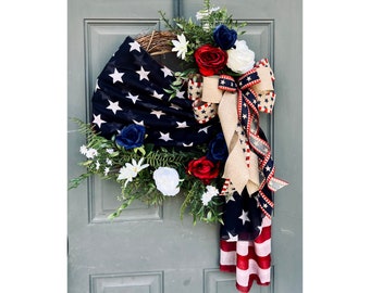 Patriotic American Flag Scarf Wreath for Front Door, Americana Red White Blue Florals, Rustic 4th of July, Farmhouse USA Scarf Flag Wreath