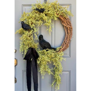 Gothic Halloween Wreath with Black Crows, Witchy Creepy Front Door Decor, Raven Wreath, Rustic Halloween Floral Decor
